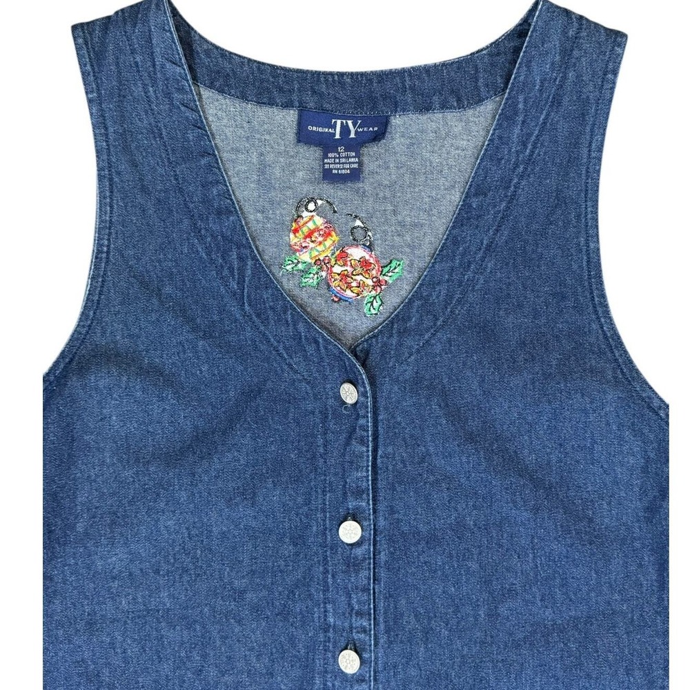 Vintage Christmas Denim Jumper Dress Womens 12 Embroidered Teacher‎ Midi - Picture 15 of 16